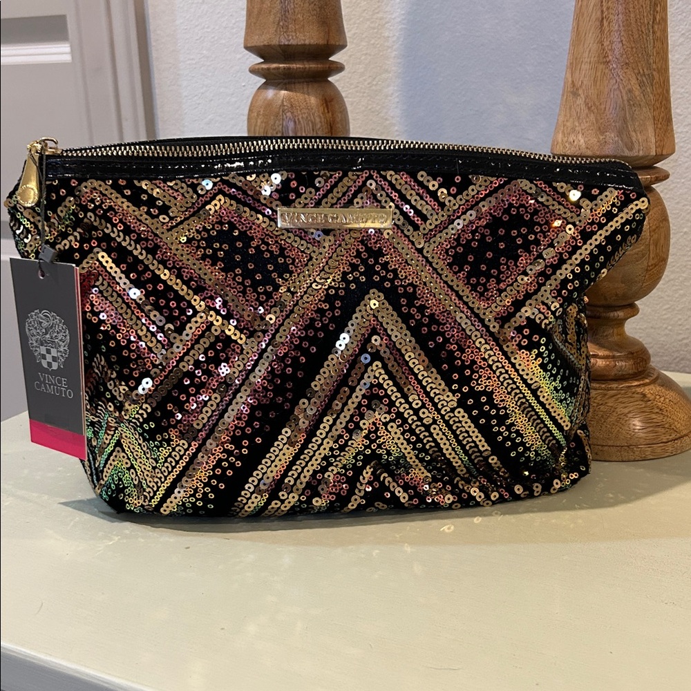 Vince Camuto Black and Gold Sequin Cosmetic Bag